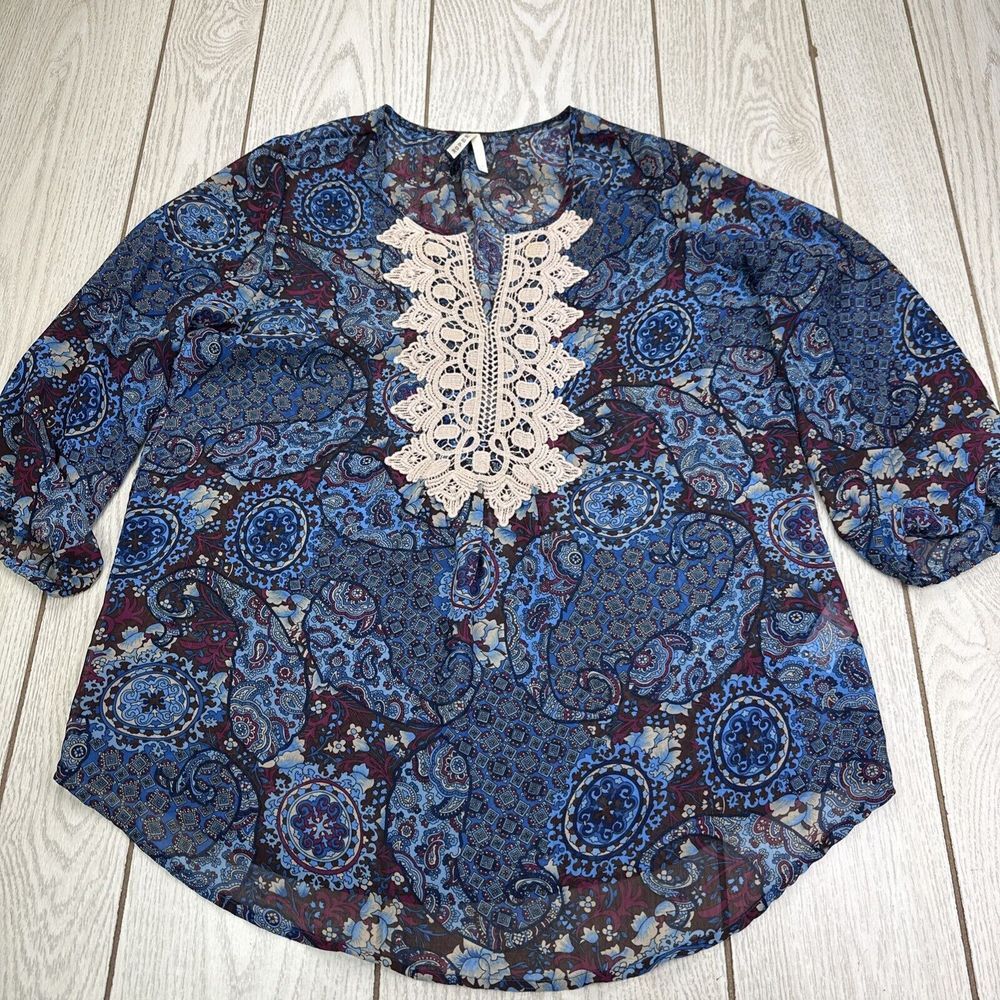 Roper Womens Large Bohemian‎ Crochet V Neck Paisley Floral Sheer Western Top
